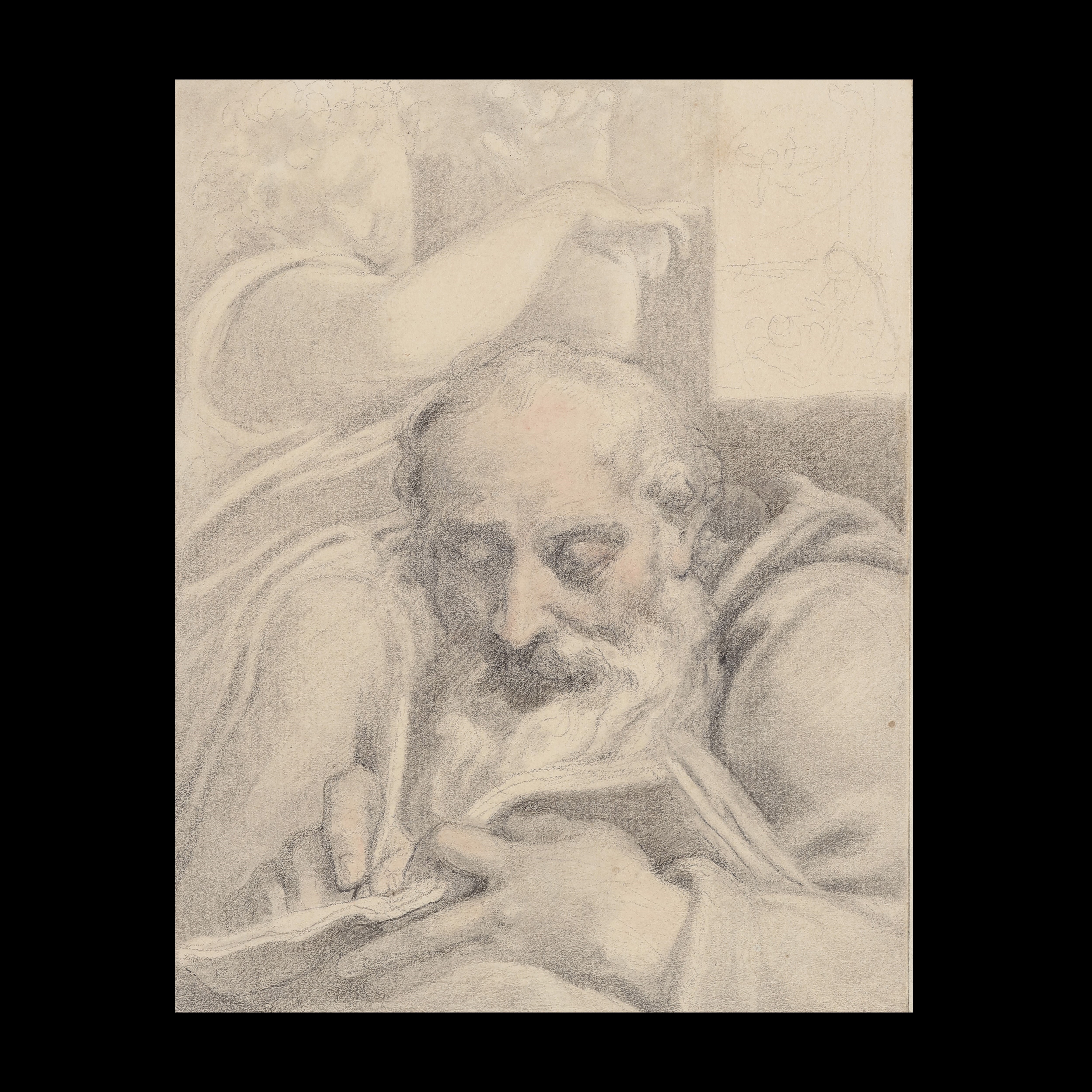 A drawing of a half-length seated elderly saint, possibly Matthew the Apostle, visited by an Angel; circa 1810-19